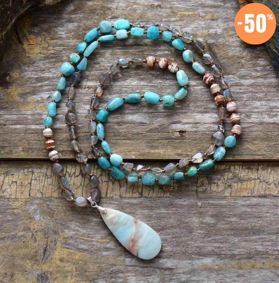 Collier «Confiance Extrême» en Labradorite, Onyx et Amazonite