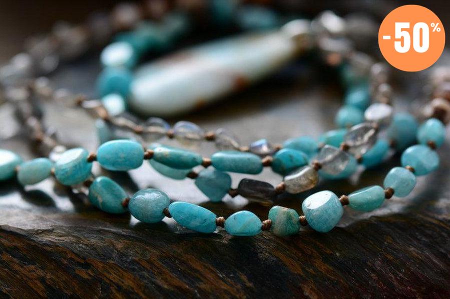 Collier «Confiance Extrême» en Labradorite, Onyx et Amazonite