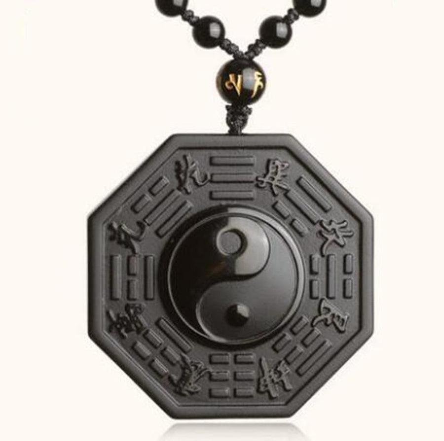 Collier Pendentif BAGUA en Obsidienne noire véritable