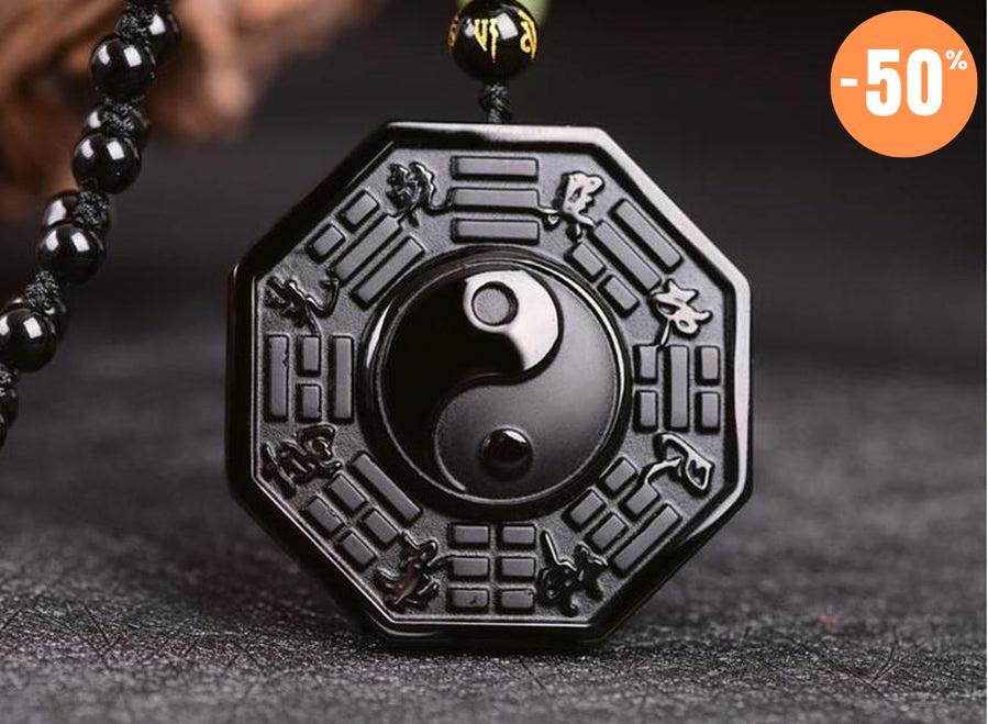 Collier Pendentif BAGUA en Obsidienne noire véritable