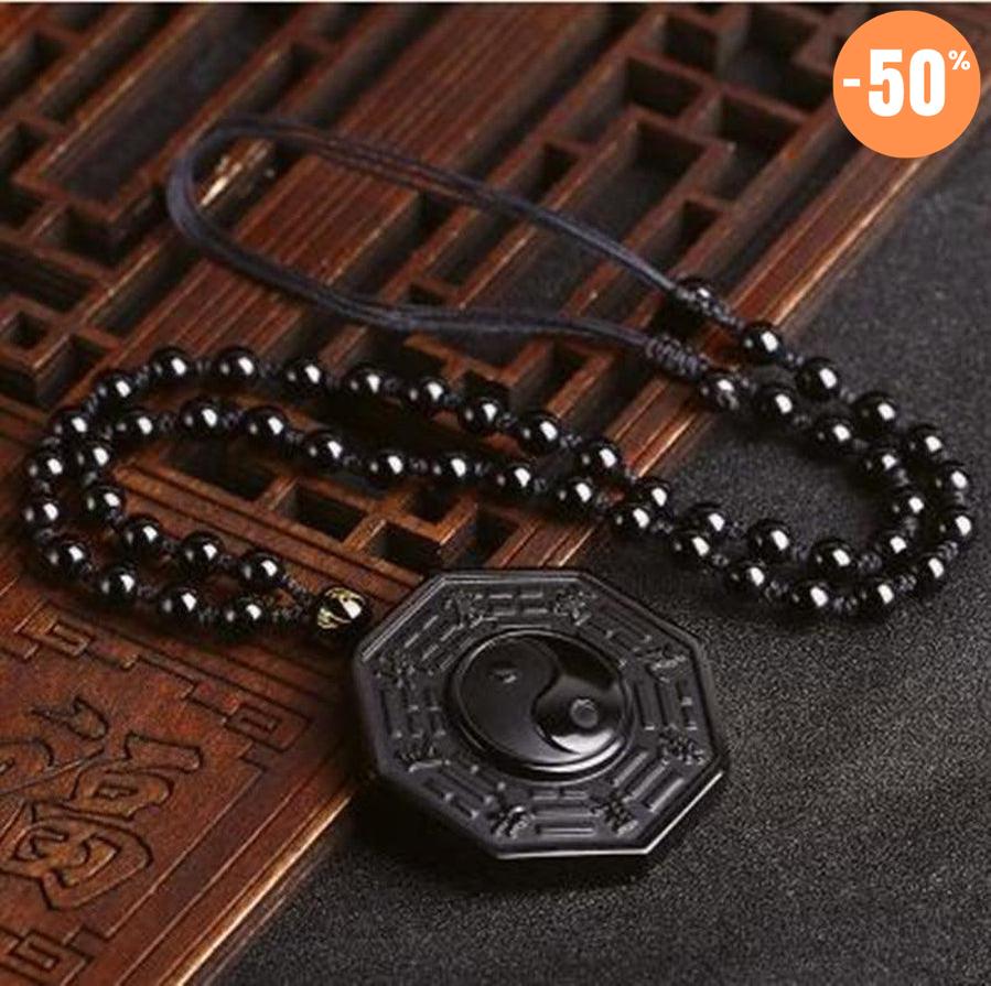 Collier Pendentif BAGUA en Obsidienne noire véritable