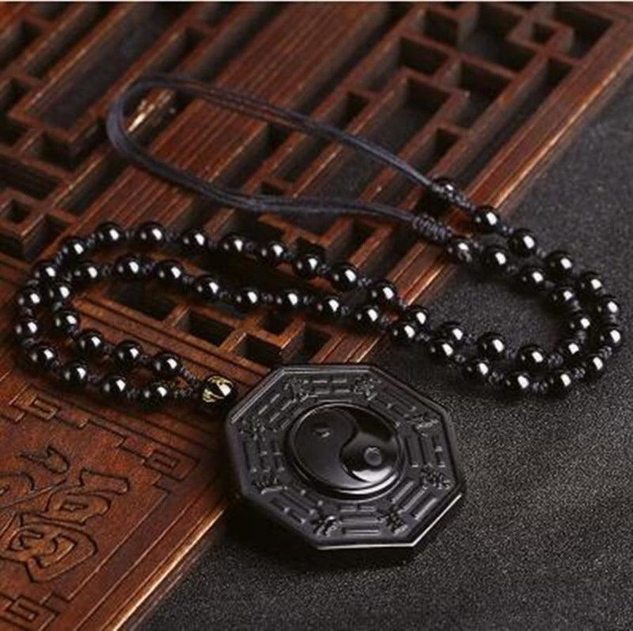 Collier Pendentif BAGUA en Obsidienne noire véritable