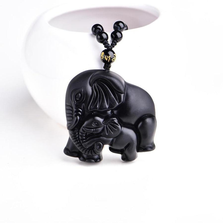 Collier pendentif éléphants en obsidienne