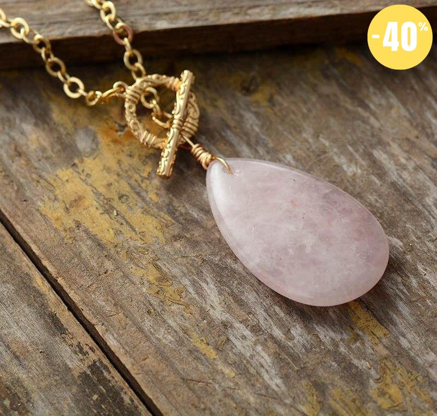 Collier pendentif larme en Quartz rose naturel