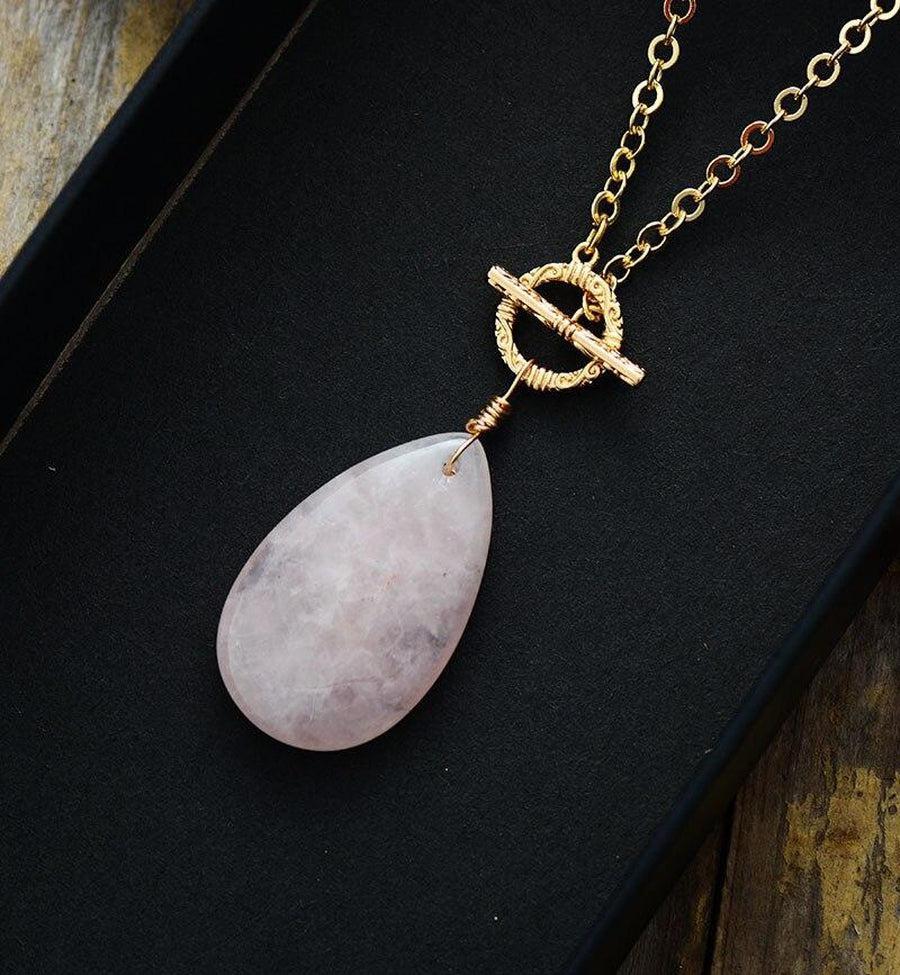 Collier pendentif larme en Quartz rose naturel