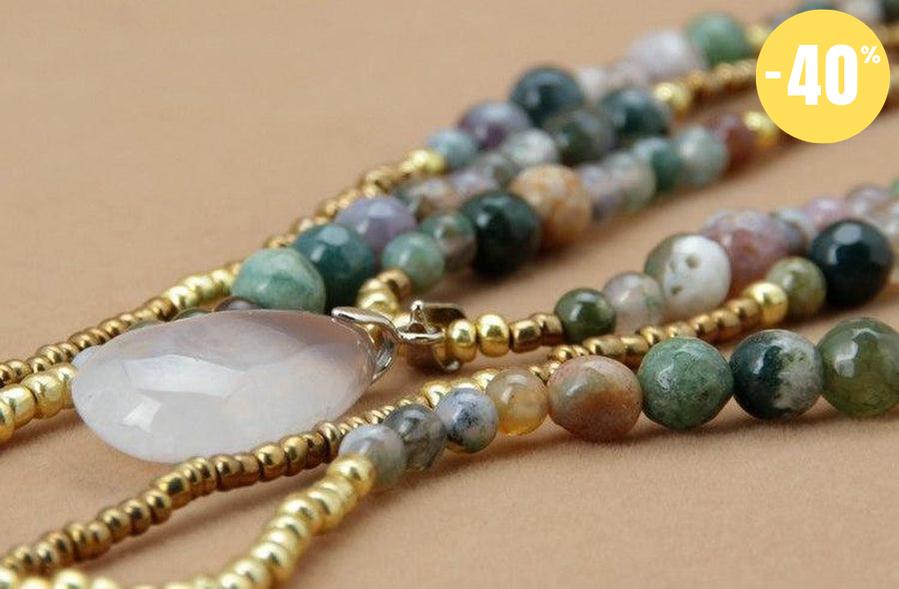 Collier sautoir bohème perlé en 3 rangs