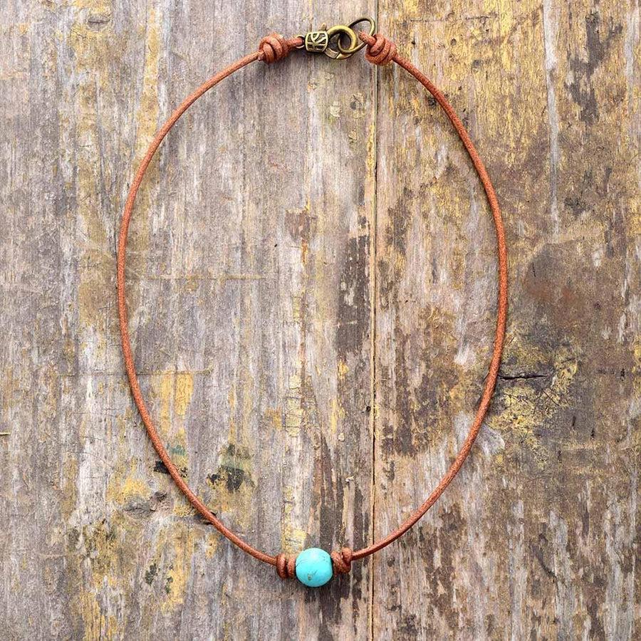 Collier «Spiritualité» perle de Turquoise sur cordon en cuir ciré