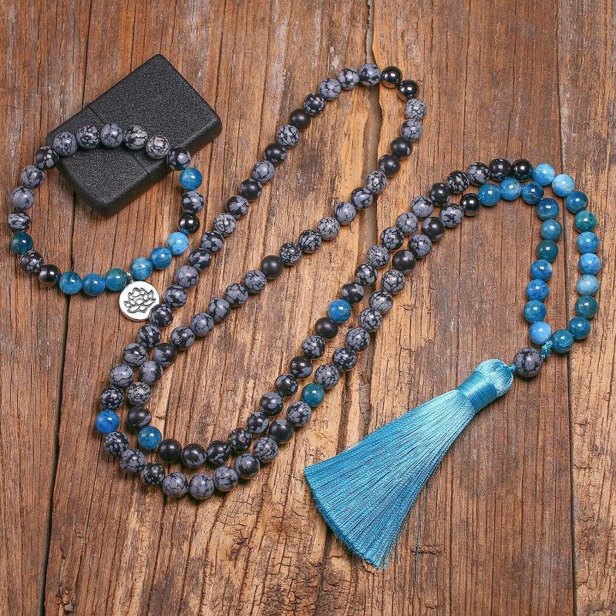 Ensemble Bracelet et Collier Mala en Apatite et Obsidienne flocon de neige
