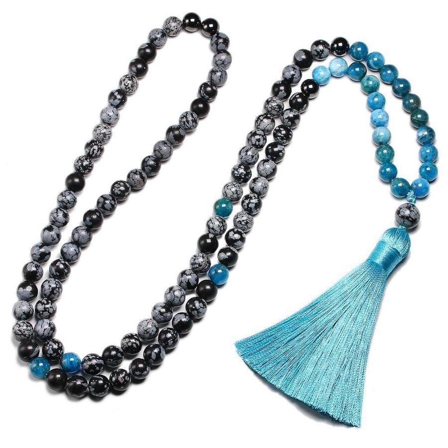 Ensemble Bracelet et Collier Mala en Apatite et Obsidienne flocon de neige