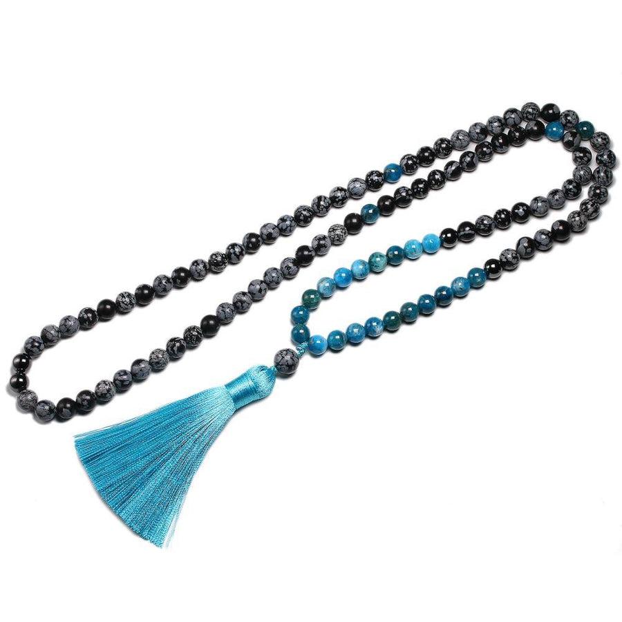 Ensemble Bracelet et Collier Mala en Apatite et Obsidienne flocon de neige