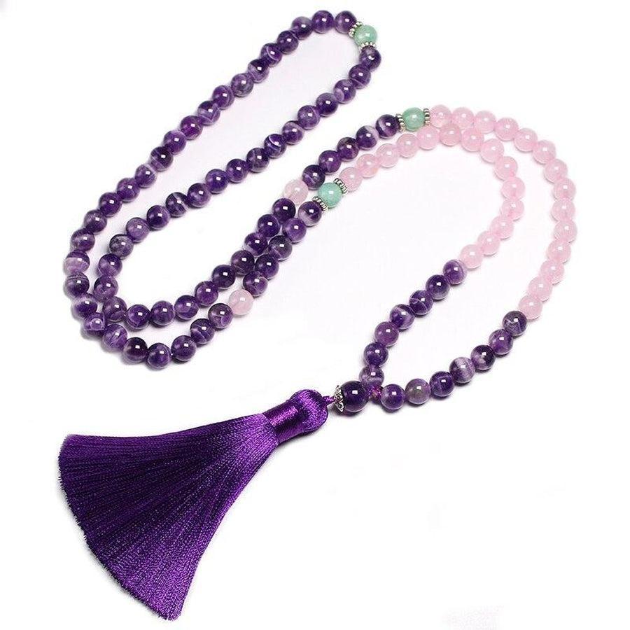 Ensemble Collier Mala et bracelet Améthyste, quartz rose et Amazonite