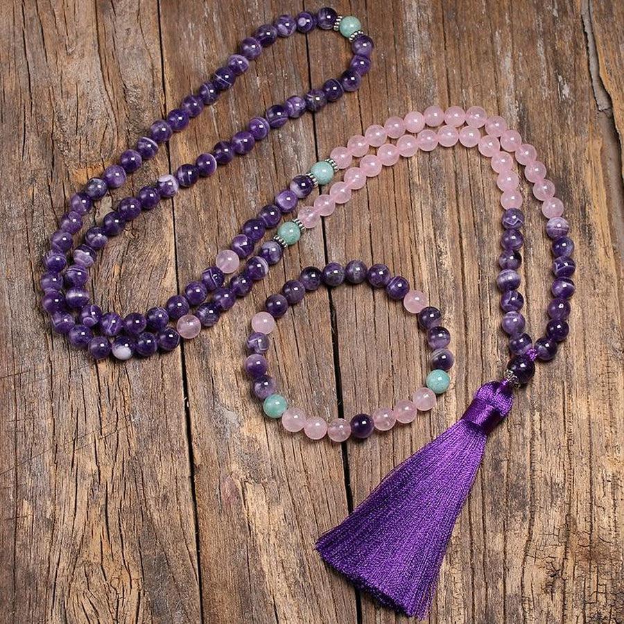 Ensemble Collier Mala et bracelet Améthyste, quartz rose et Amazonite