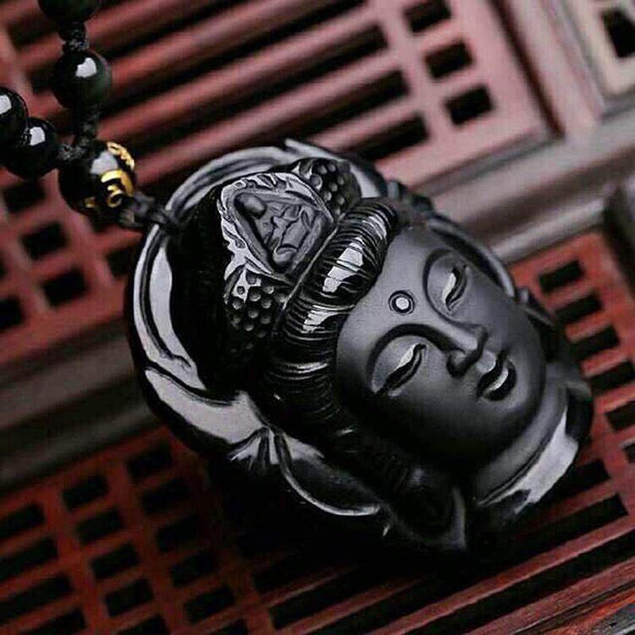 Magnifique pendentif de PROTECTION Bouddha en obsidienne noir
