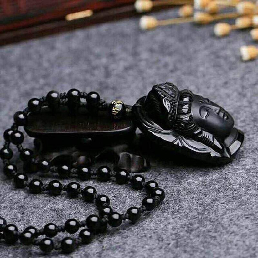 Magnifique pendentif de PROTECTION Bouddha en obsidienne noir