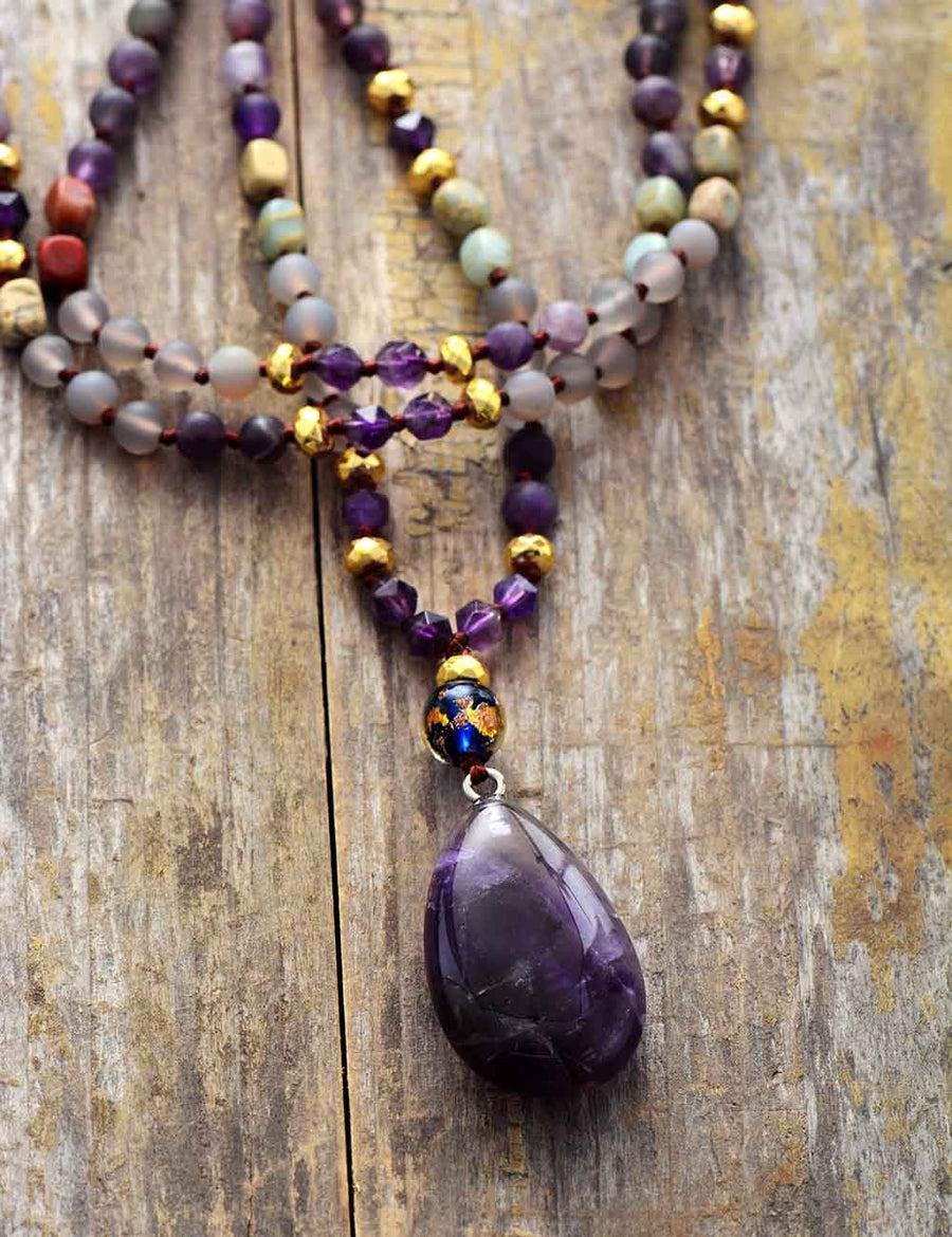 Mala de méditation en perles givrées en Quartz et Améthyste