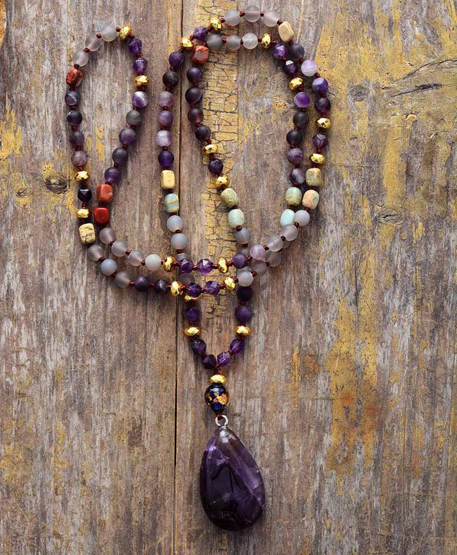 Mala de méditation en perles givrées en Quartz et Améthyste