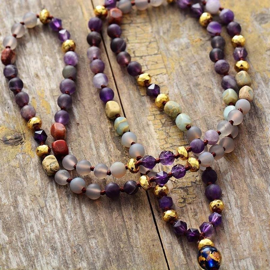 Mala de méditation en perles givrées en Quartz et Améthyste