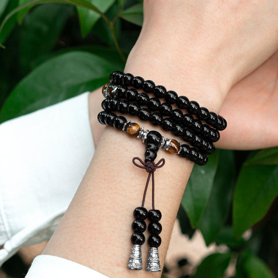 Mala de protection 108 perles oeil de tigre et obsidienne noire