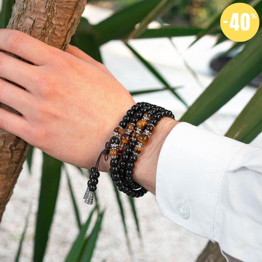 Mala de protection 108 perles oeil de tigre et obsidienne noire