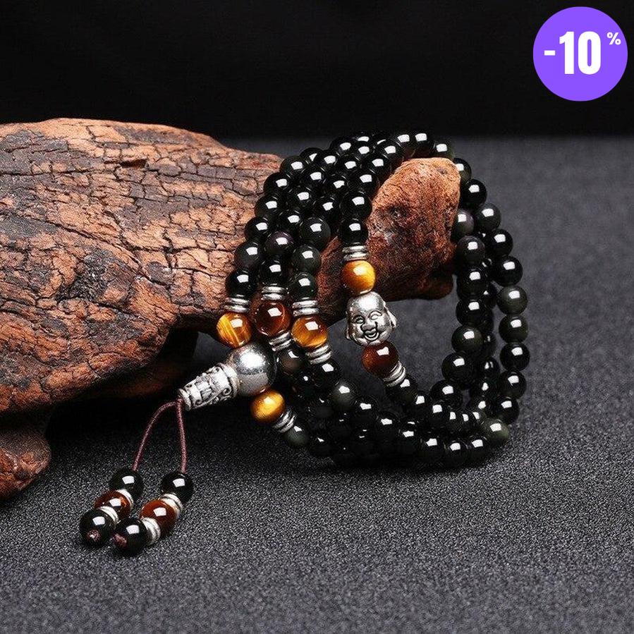 Mala « Méditation » en Obsidienne, Œil de tigre et tête de Bouddha