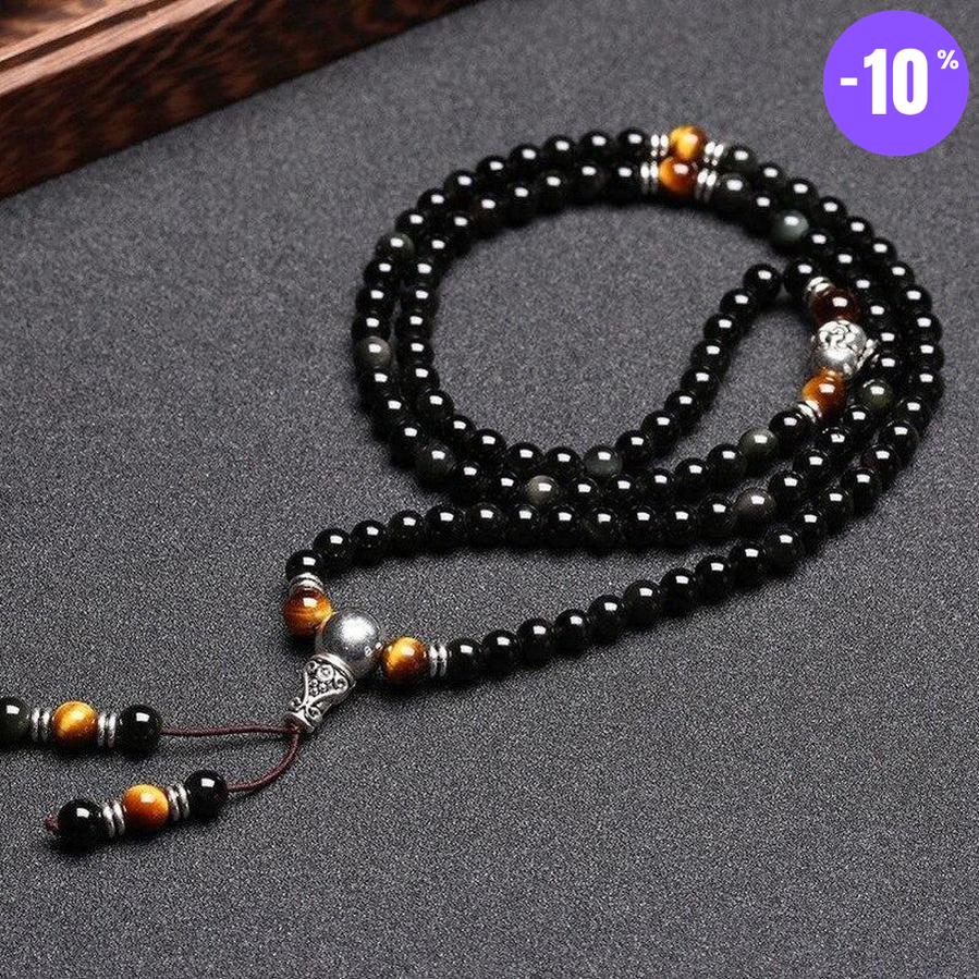 Mala « Méditation » en Obsidienne, Œil de tigre et tête de Bouddha