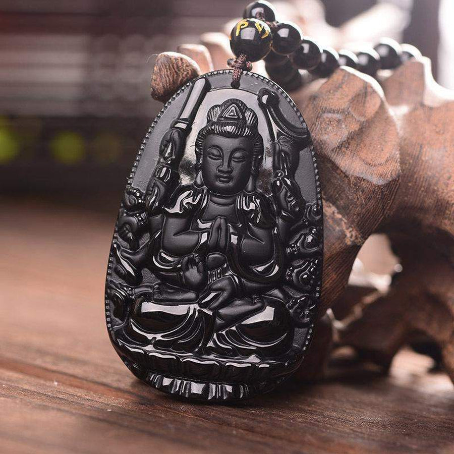 Pendentif Avalokitesvara Bodhisattva bouddha en obsidienne noire