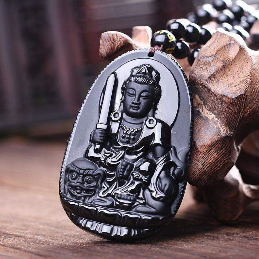Pendentif Manjusri Bodhisattva Bouddha en Obsidienne Noire