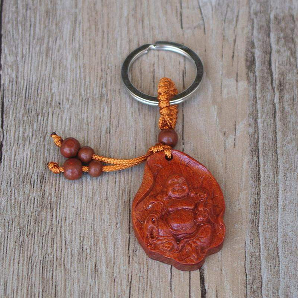 Porte-Clés Bouddha En Bois Sculpté à La Main - Porte-Bonheur Spirituel - Cadeau Pour Femmes/Hommes - 4.2cm