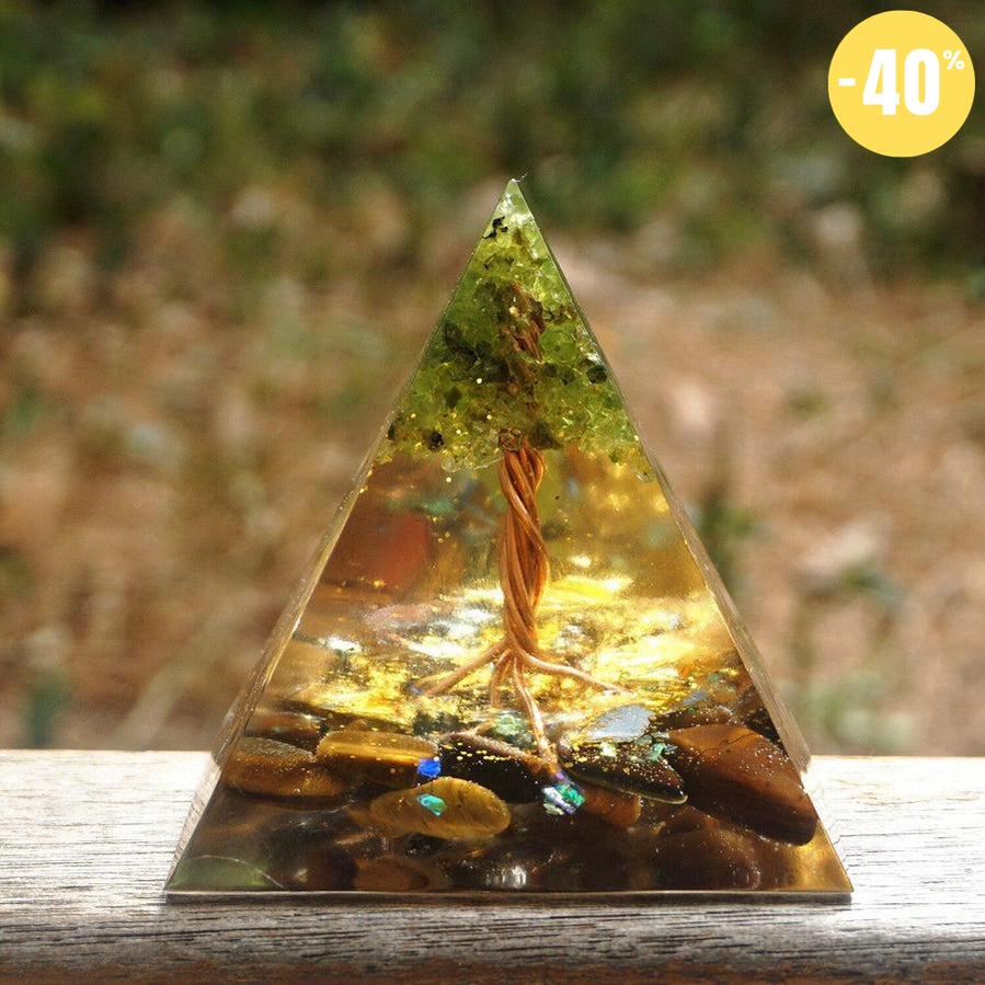 Pyramide Orgonite «Arbre de Vie» Œil de tigre, Péridot et feuilles d’or