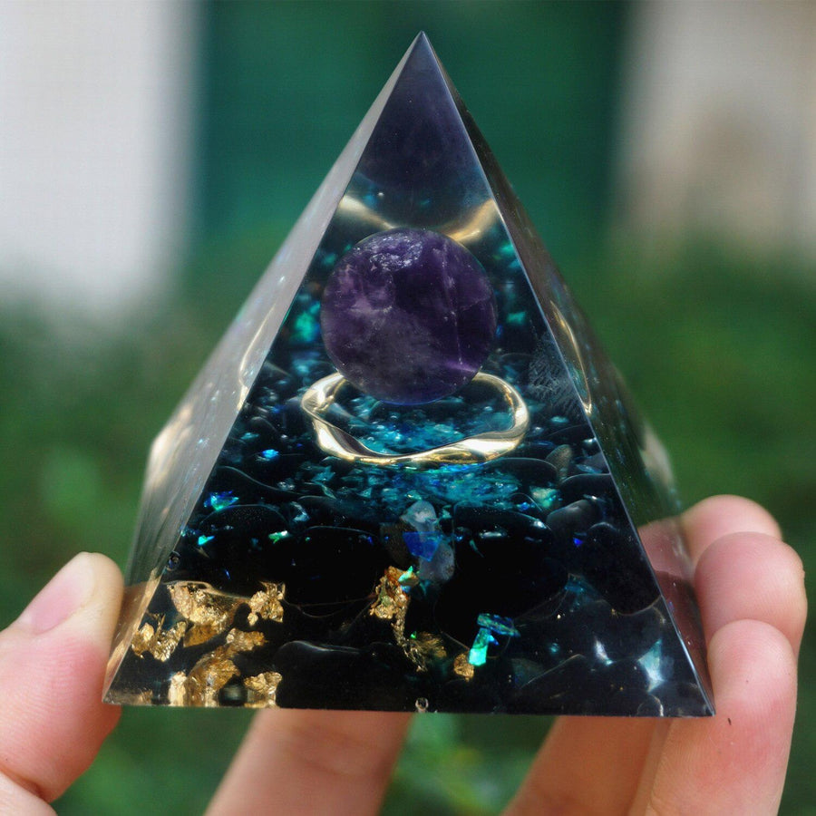 Pyramide Orgonite en Cristal, Améthyste et Obsidienne