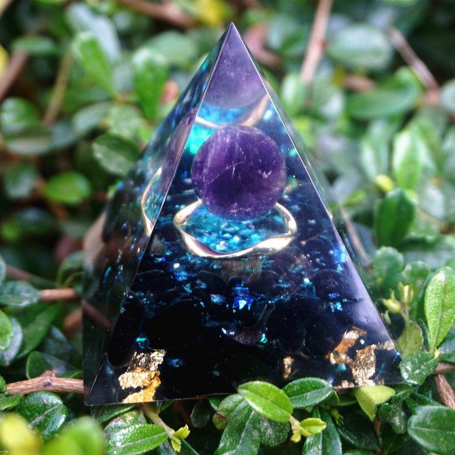 Pyramide Orgonite en Cristal, Améthyste et Obsidienne