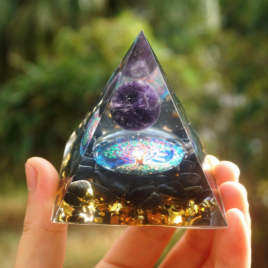 Pyramide Orgonite sphère Améthyste, Cristal et Obsidienne