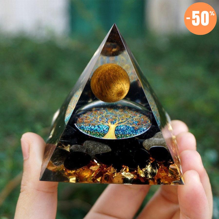 Pyramide Orgonite sphère Œil de tigre, Obsidienne et feuille d’or