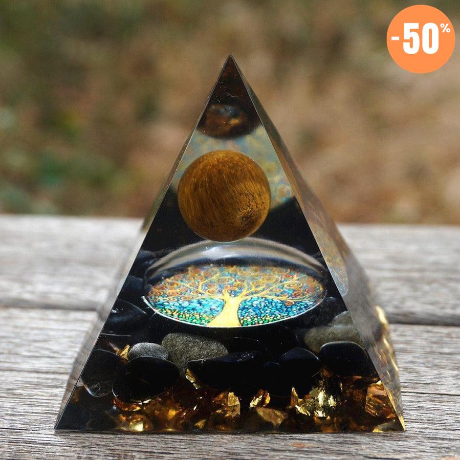 Pyramide Orgonite sphère Œil de tigre, Obsidienne et feuille d’or