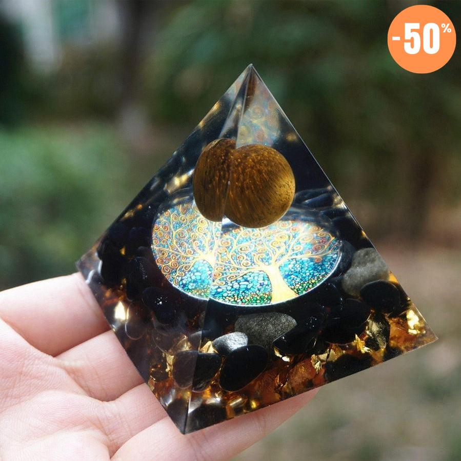 Pyramide Orgonite sphère Œil de tigre, Obsidienne et feuille d’or