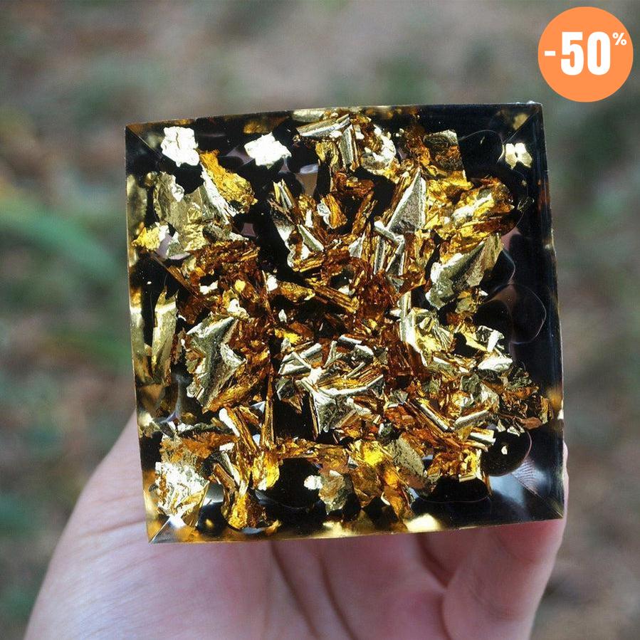 Pyramide Orgonite sphère Œil de tigre, Obsidienne et feuille d’or