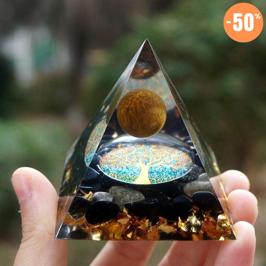 Pyramide Orgonite sphère Œil de tigre, Obsidienne et feuille d’or
