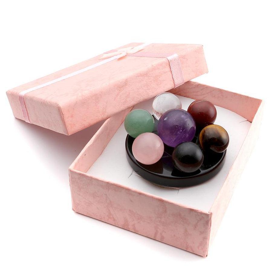 Set de sphères 7 chakras sur support en Obsidienne noire