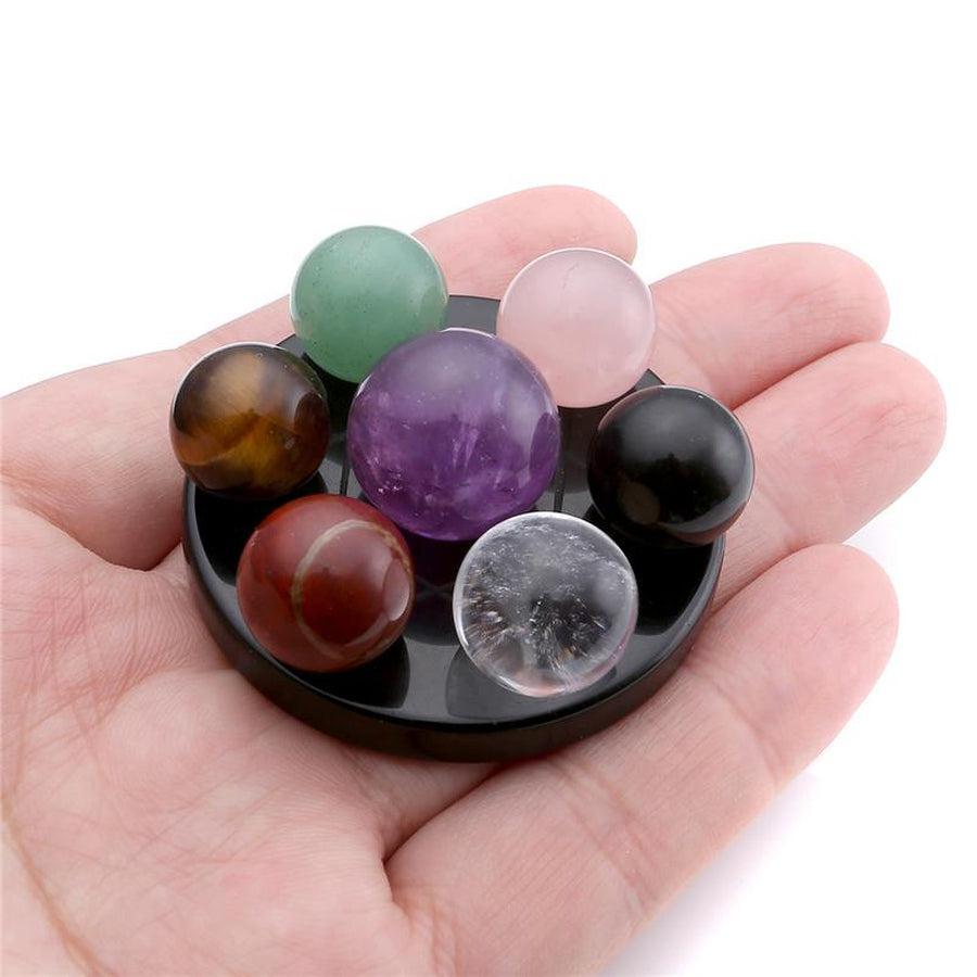 Set de sphères 7 chakras sur support en Obsidienne noire