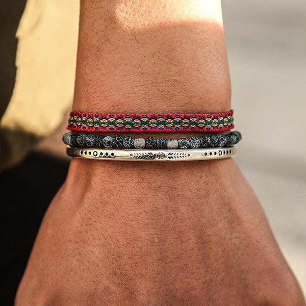 Bracelet Tibétain Tressé - Perles D'Agate Noire Mat - Ajustable - Neuf Avec Étiquettes