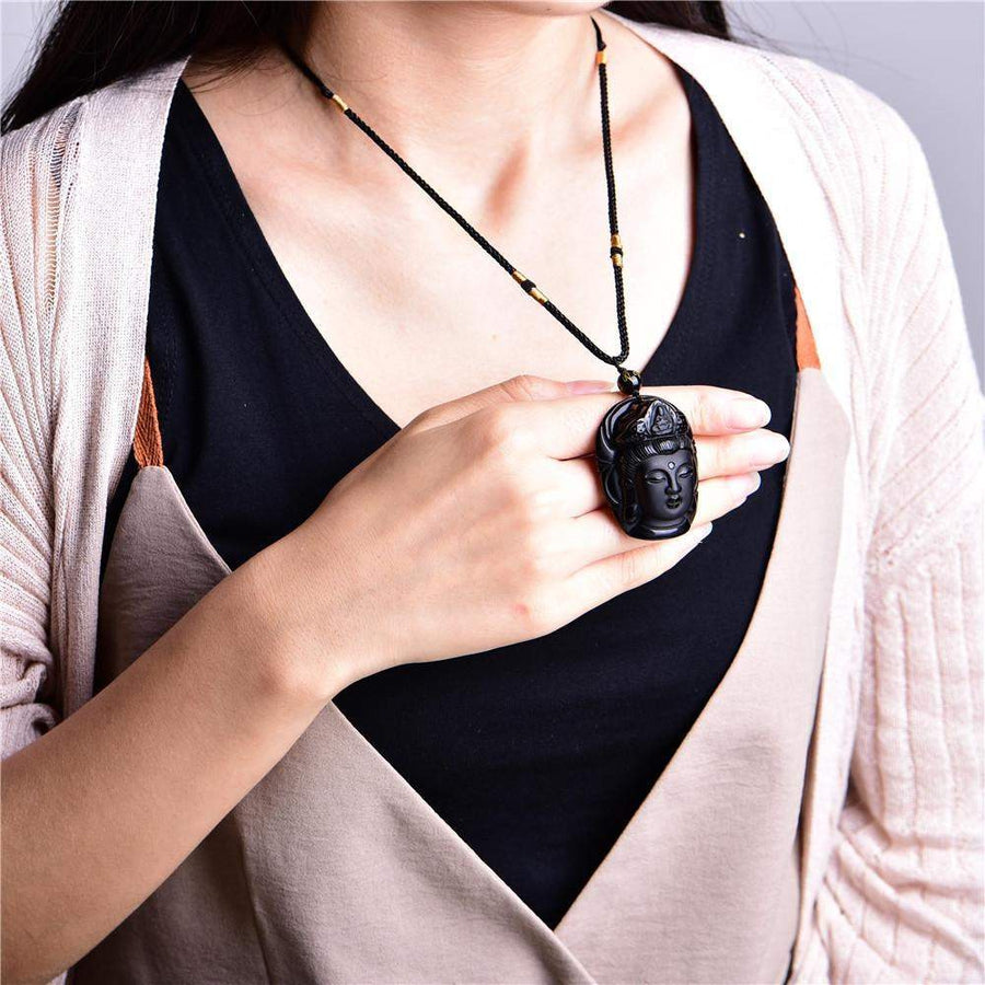 VITALITÉ - Pendentif de Bouddha en Obsidienne Noire Volcanique Naturel